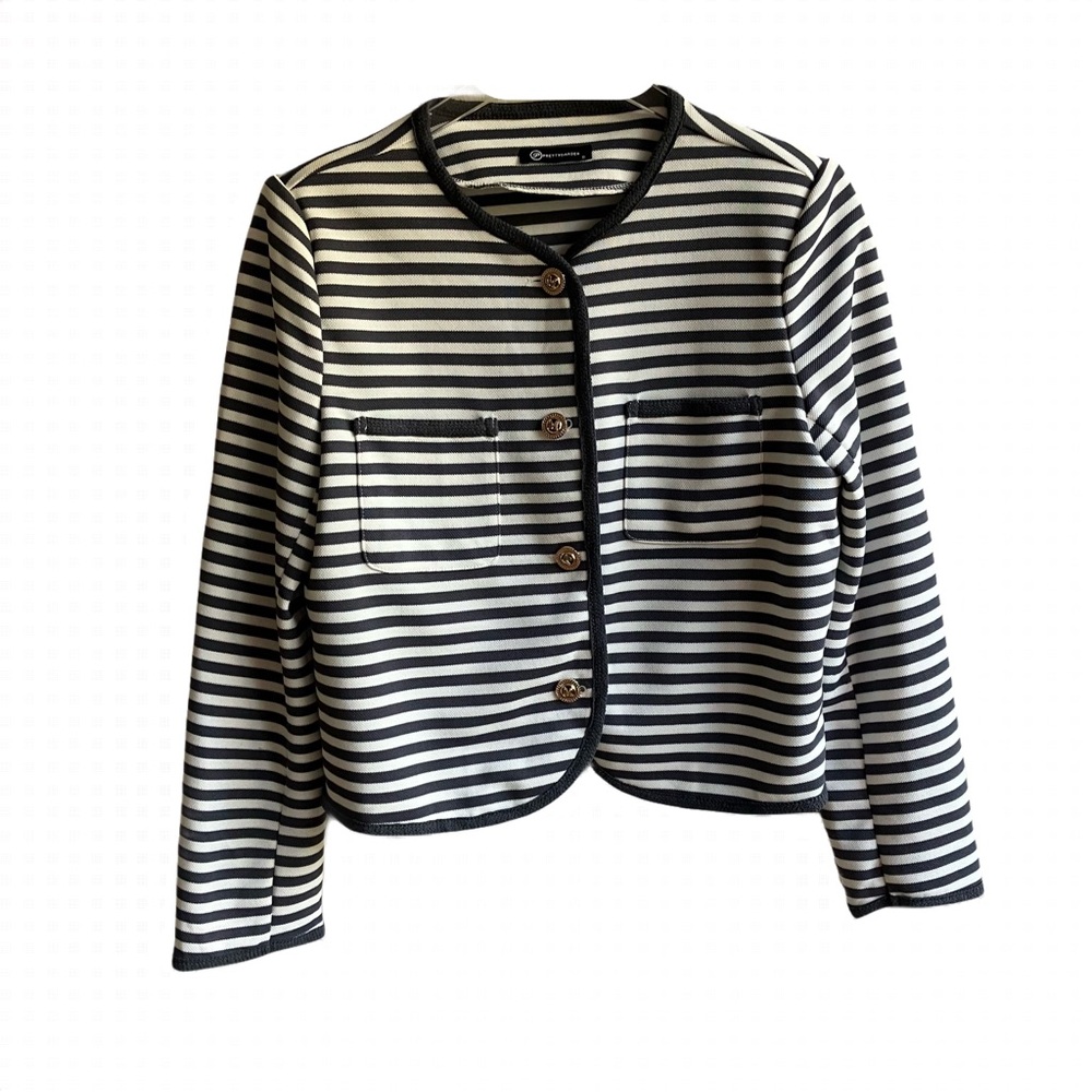 Pretty Garden Striped Blazer Size S Pockets Navy Cream Gold Button Academia Prep